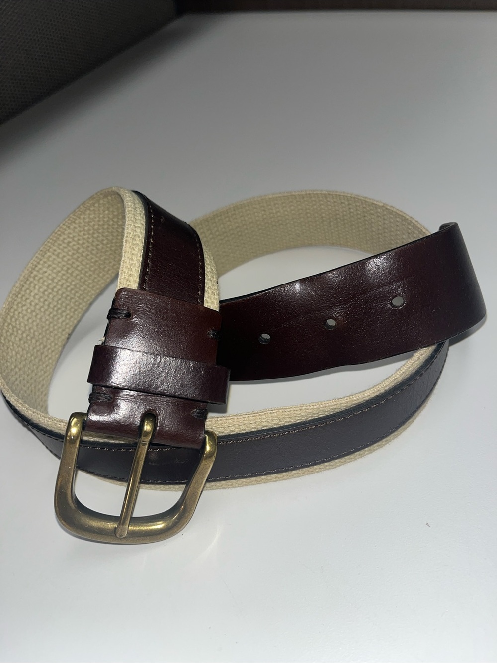 Banana Republic Brown Leather and Cream Canvas Belt with Brass Buckle Size 32